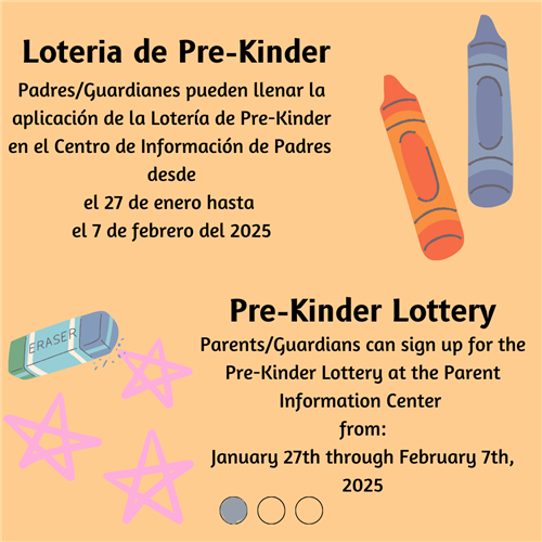 An image with crayons and an eraser on it. There is text that advertises when the Pre-K Lottery begins for Chelsea Schools